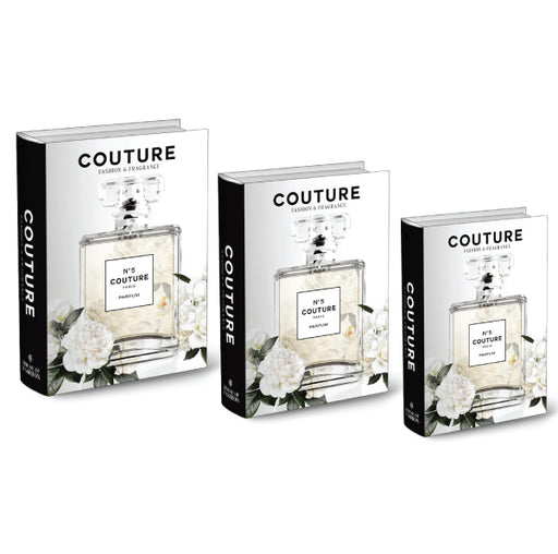 A set of three decorative stacking books with "Simply Couture" fashion-themed covers.