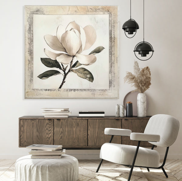 Magnolia Flowers Framed Canvas with Painted Effect 80x80cm Champage