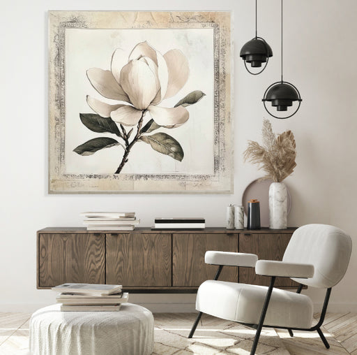Magnolia Flowers Framed Canvas with Painted Effect 80x80cm Champage
