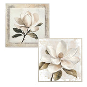 Large square framed canvas of Magnolia flowers with a textured painted effect and champagne frame. – thumbnail