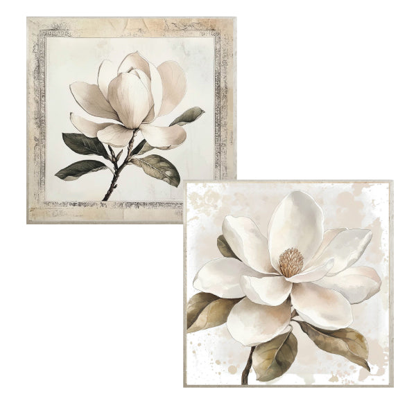 Large square framed canvas of Magnolia flowers with a textured painted effect and champagne frame.