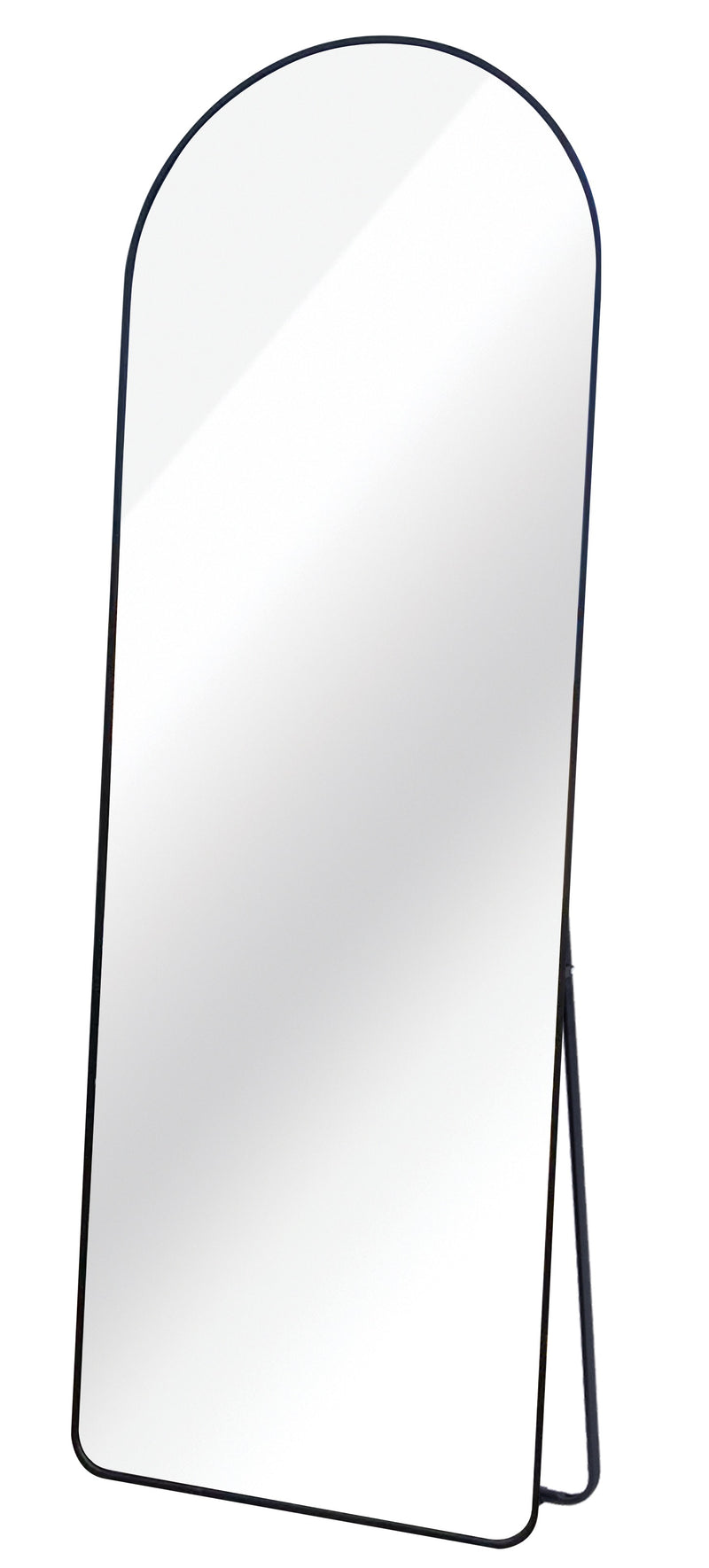 Full-length floor mirror with a sleek black aluminium frame and stand.