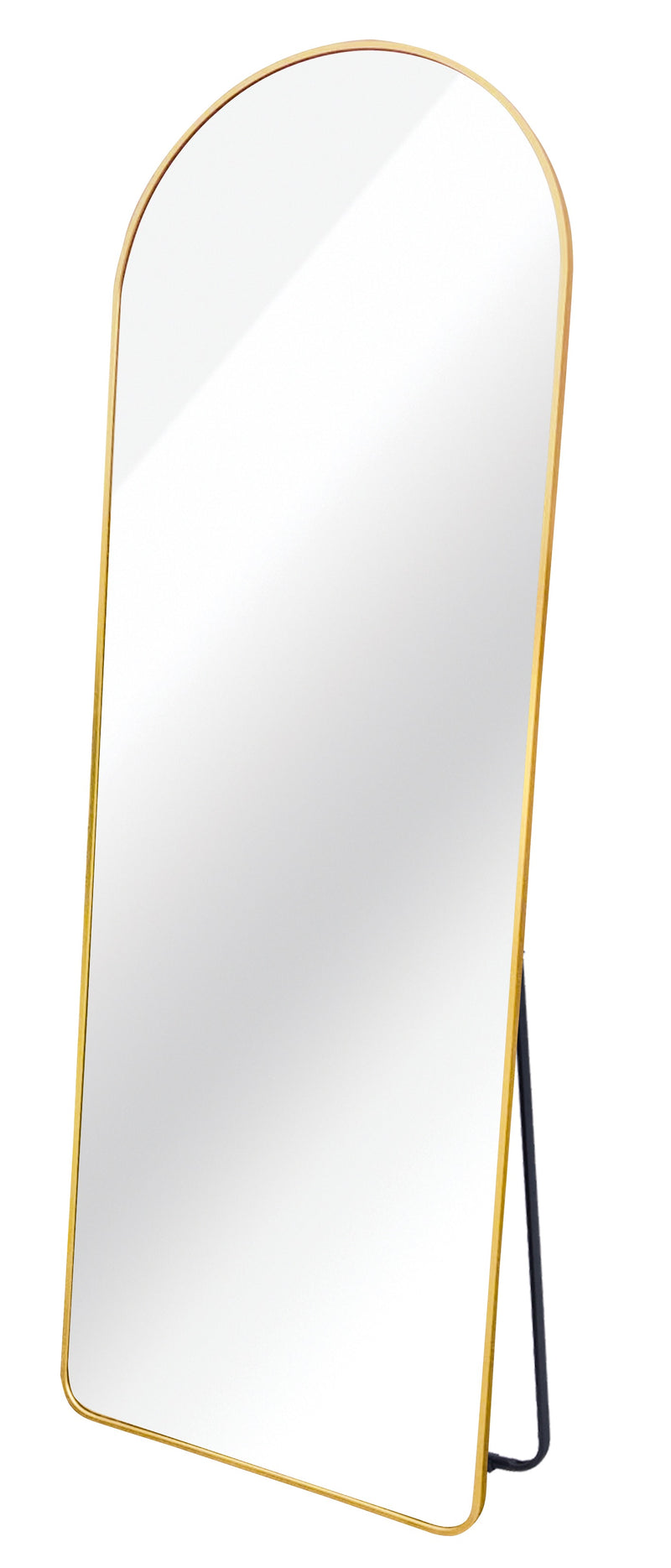 Full-length floor mirror with a modern gold aluminium frame and stand.