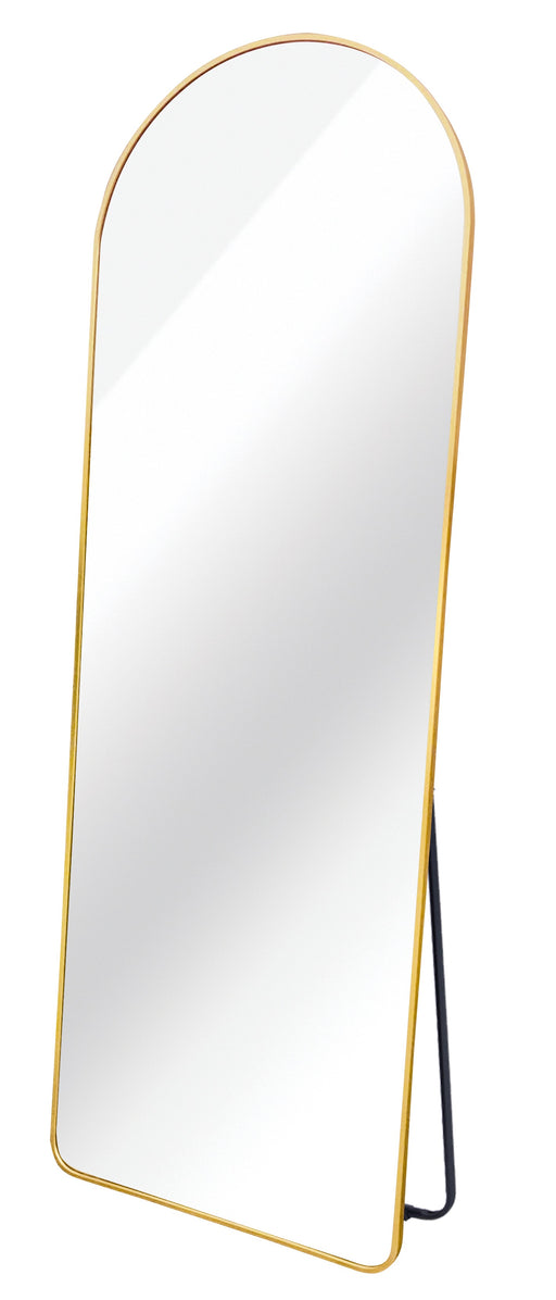 Full-length floor mirror with a modern gold aluminium frame and stand.