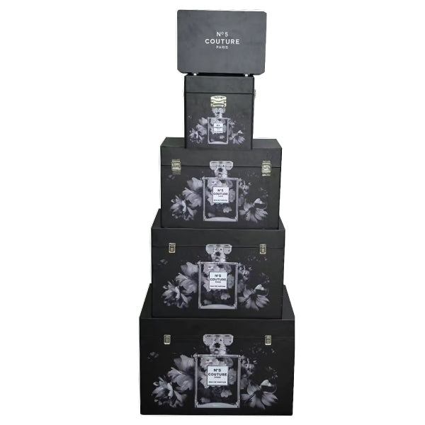 A set of five nesting storage trunks featuring chic Couture fashion designs.