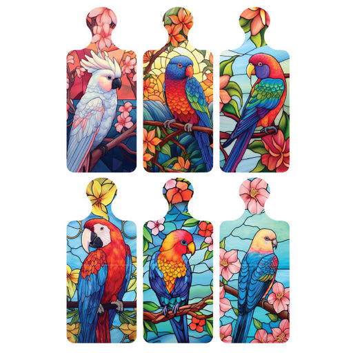 Rectangular ceramic serving board with a vibrant bird-themed stained glass design.