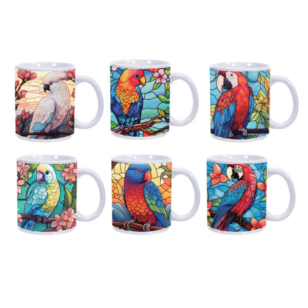 Ceramic mug with a vibrant bird stained glass design shown with its brown gift box.