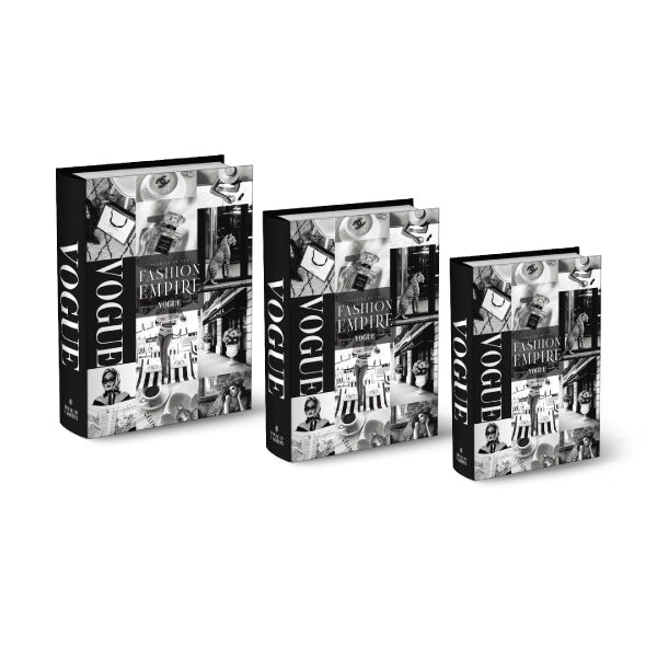 A set of three decorative black books with modern "Fashion House" themed covers.