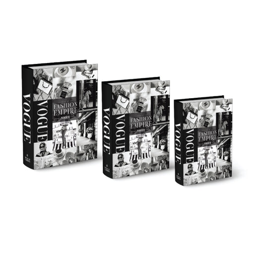 A set of three decorative black books with modern "Fashion House" themed covers.