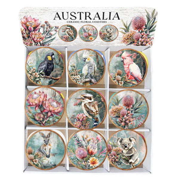 Round ceramic coasters with colorful Rainbow Australiana animal designs.
