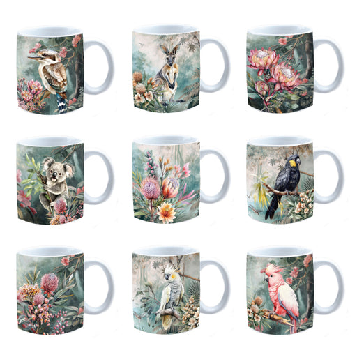 Ceramic mug with the Midnight Australia floral print shown with its matching gift box.