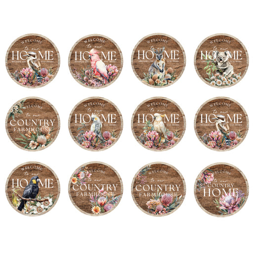 Round wooden welcome sign with "Welcome" text and Midnight Aussie floral art.