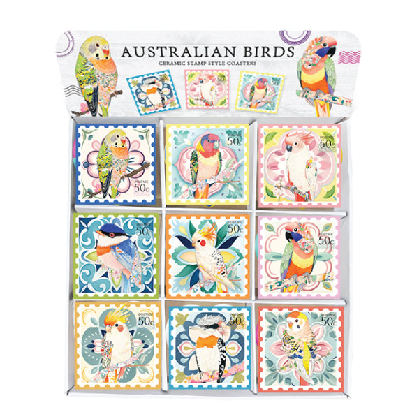 Square ceramic coasters with vibrant, rainbow-colored Australian wildlife designs.