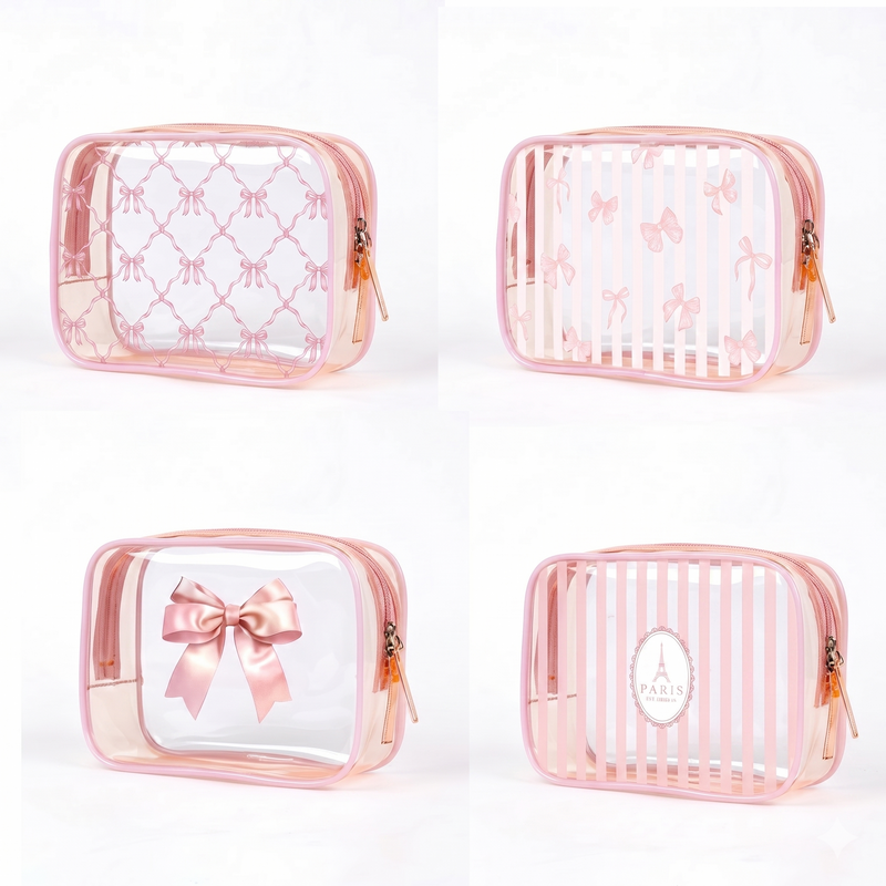 Semi-transparent makeup bags with decorative Parisian-themed borders and prints.