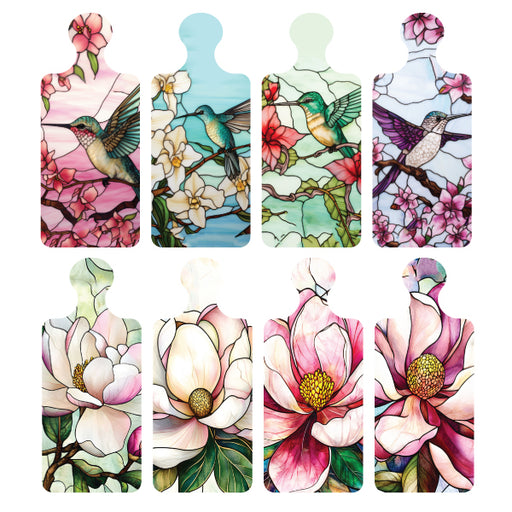Rectangular ceramic serving board with a Magnolia stained glass floral design.