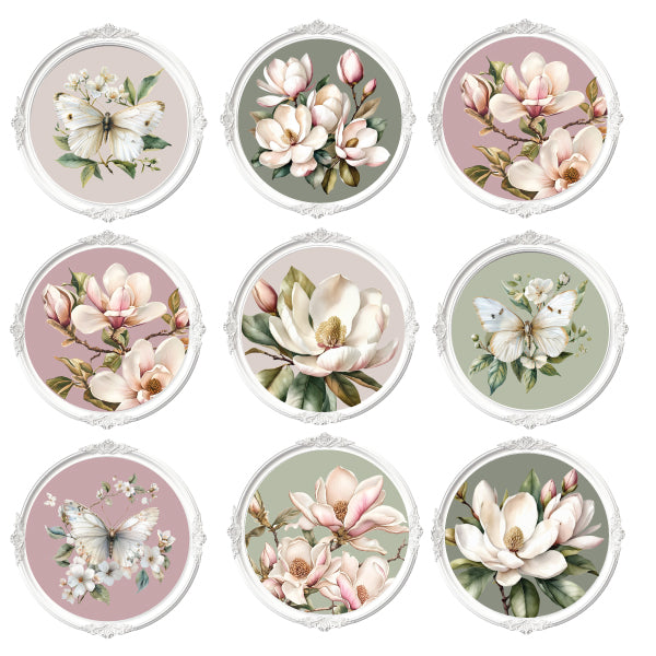 Round Magnolia Ceramic Coasters with detailed white and pink floral illustrations.