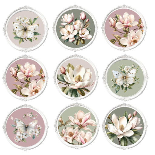 Round Magnolia Ceramic Coasters with detailed white and pink floral illustrations.