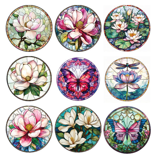 Round ceramic coasters with a vibrant Magnolia stained glass window design.