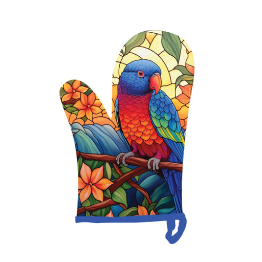 Quilted oven mitts with a print of Australian native birds and foliage.