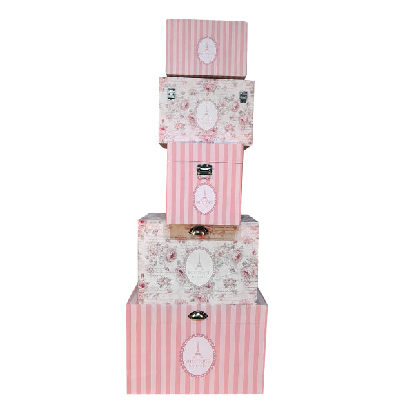 A set of five nesting storage trunks featuring a Paris-themed collage design.