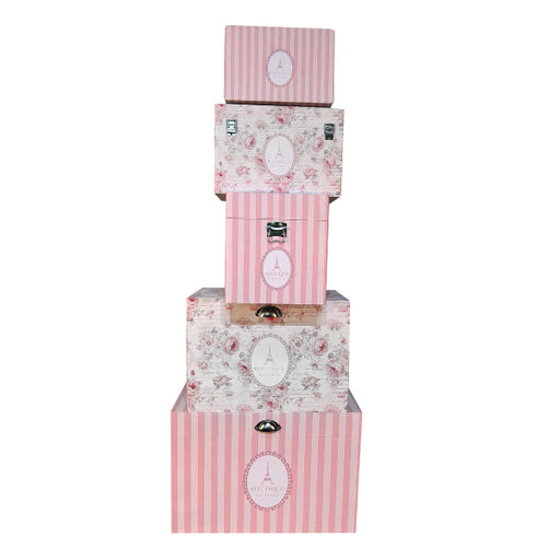 A set of five nesting storage trunks featuring a Paris-themed collage design.
