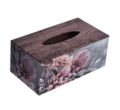 Rectangular tissue box covers featuring Midnight Australia native floral prints.