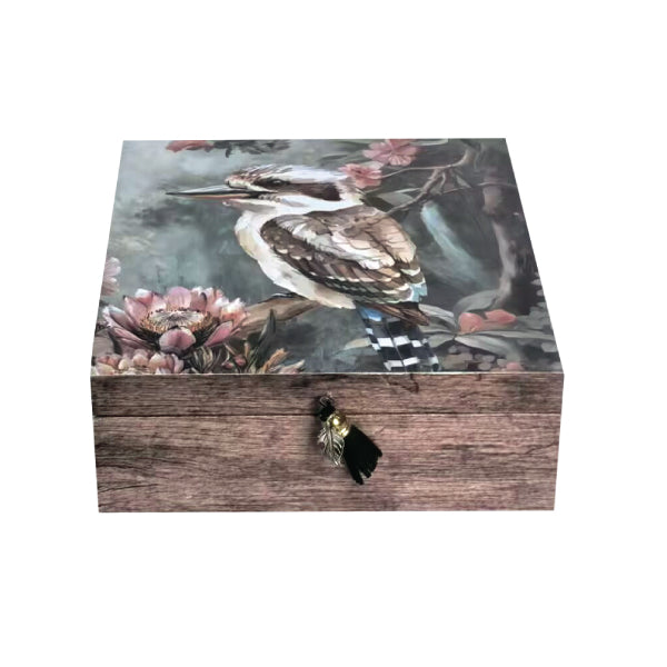 Square trinket box with Midnight Australia floral design and decorative tassel.