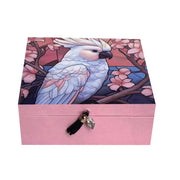 Square trinket box with vibrant bird designs and decorative tassel lid embellishment. – thumbnail