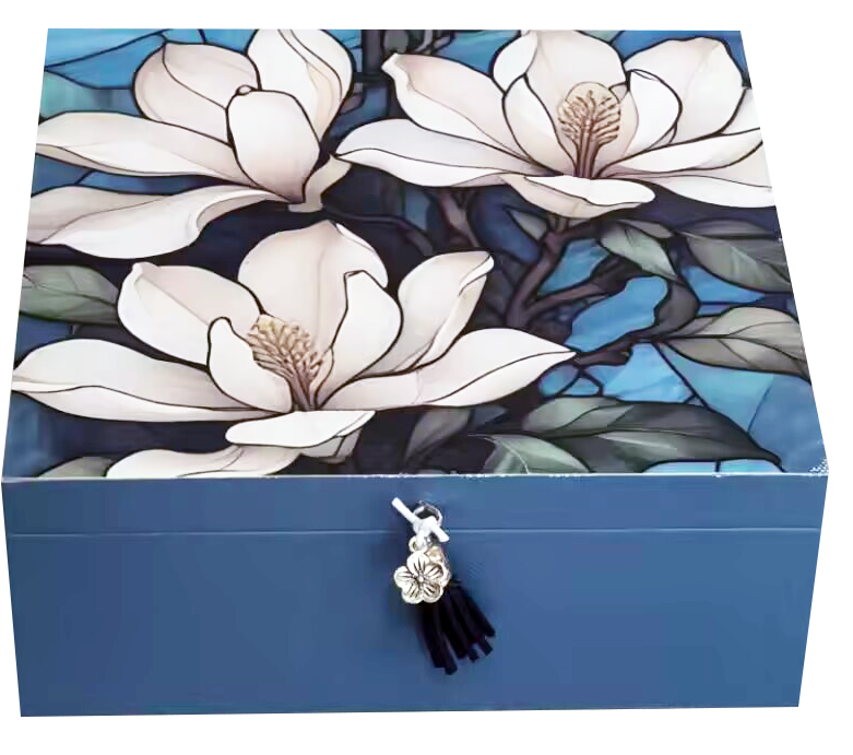 Magnolia Stained Glass Look Trinket Boxes with tassle and beaded detailing 18.3x18.3x7cm