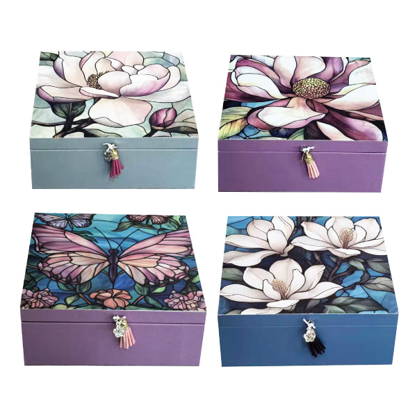 Square trinket box with Magnolia stained glass artwork and decorative tassel lid.