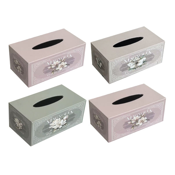 Rectangular tissue box covers featuring assorted Magnolia floral prints.