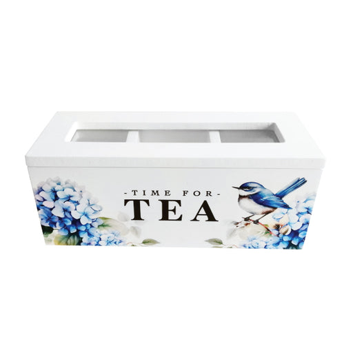 Decorative wooden tea storage box featuring cottage bird and floral illustrations.