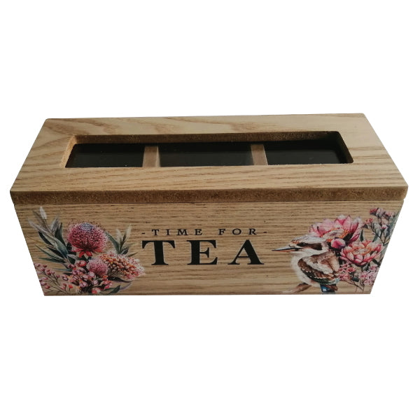 Wooden tea storage box featuring Australian native floral designs.