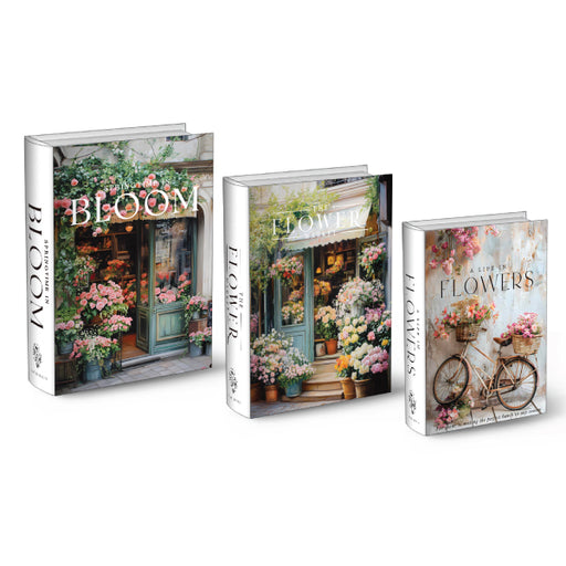 A set of three decorative "Florist" themed books for coffee table and shelf styling.