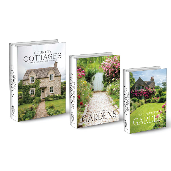 A set of three decorative coffee table books themed around Country Cottages for home styling.