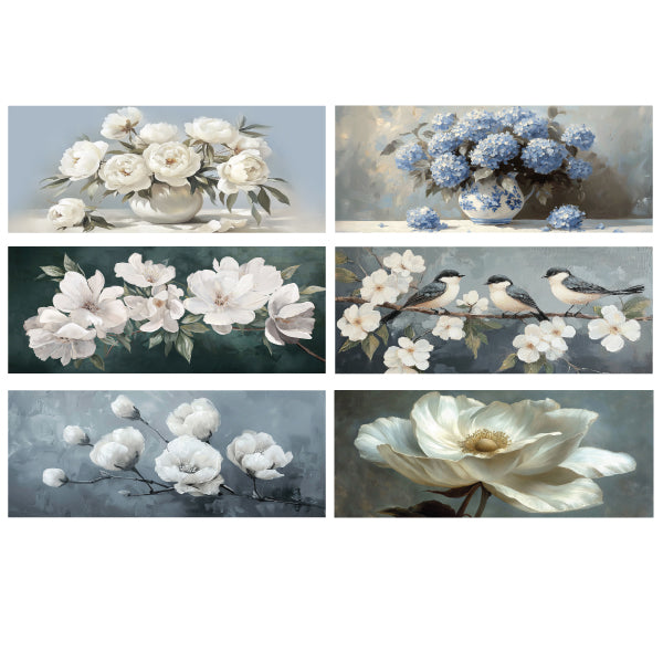 Large panoramic canvas print featuring blue floral blooms titled Blue in Bloom.