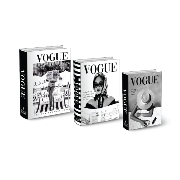 A set of three decorative black stacking books with Vogue Models themed covers.