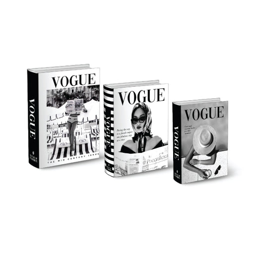 A set of three decorative black stacking books with Vogue Models themed covers.