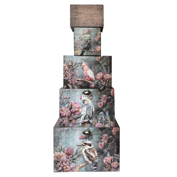 A set of five nesting storage trunks featuring the Midnight Australiana floral design.