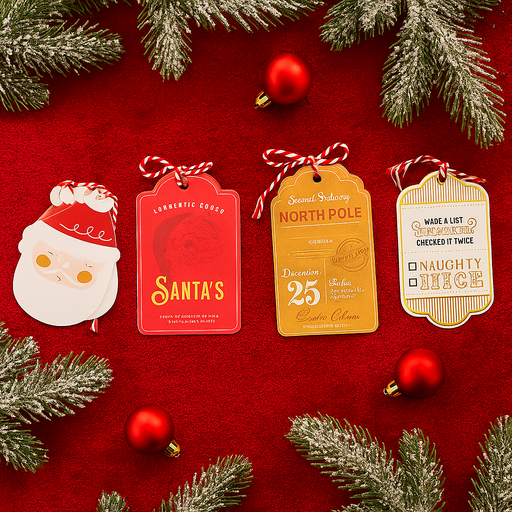 Pack of 6 jumbo deluxe Christmas tie-on gift tags with assorted festive designs and string ties