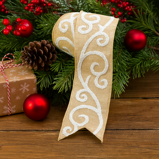 Jute Ribbon with White Towel Swirl Design and Wire Edge 10cm x 500cm – Rustic craft ribbon for gift wrapping and décor