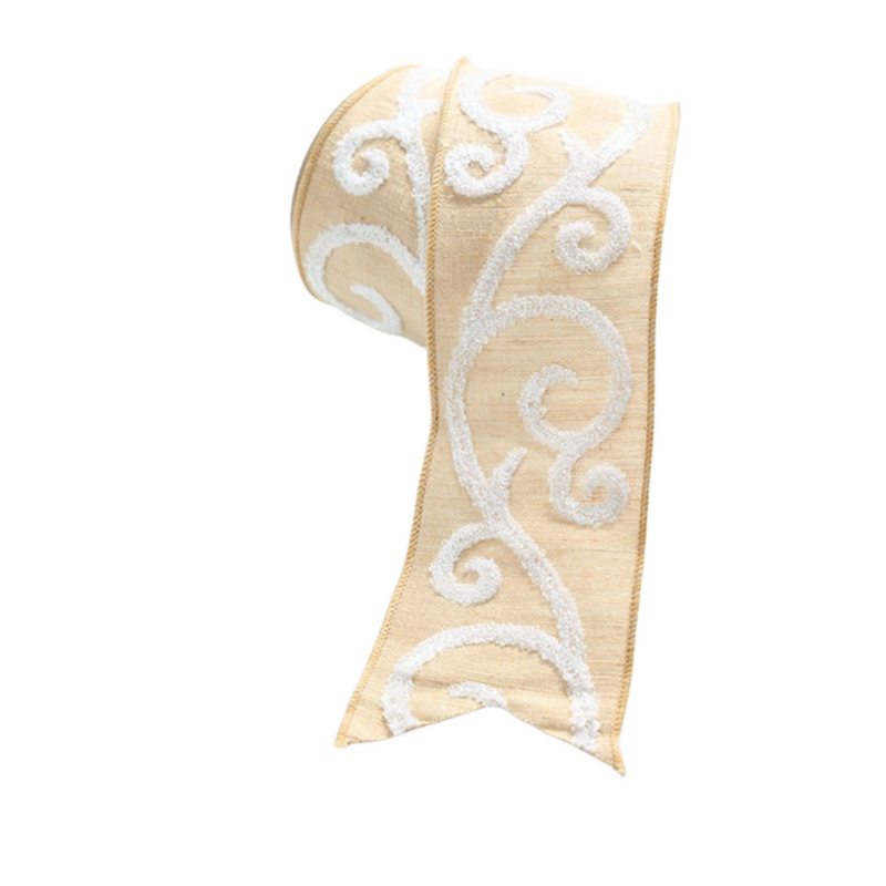 Jute Ribbon with White Towel Swirl Design and Wire Edge 10cm x 500cm – Rustic craft ribbon for gift wrapping and décor