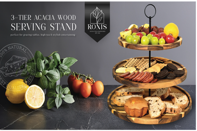 Acacia wood cake plate-3 tier S 25x25x1.5cm M 30x30x1.5cm L 35x35x1.5cm