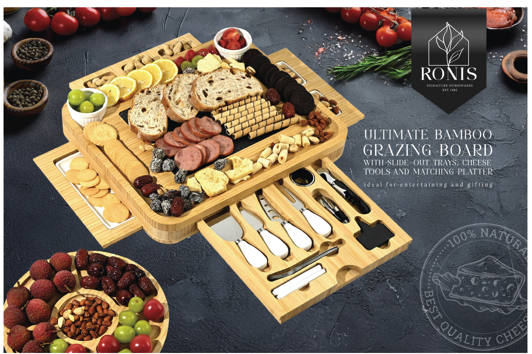 Bamboo cheese board set Board 40x34x5.5cm Tray 25x25x1.7cm