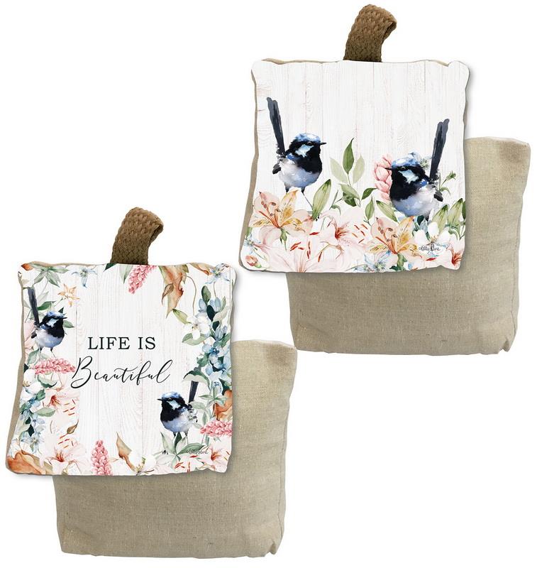 Fabric door stop with blue wren print assorted