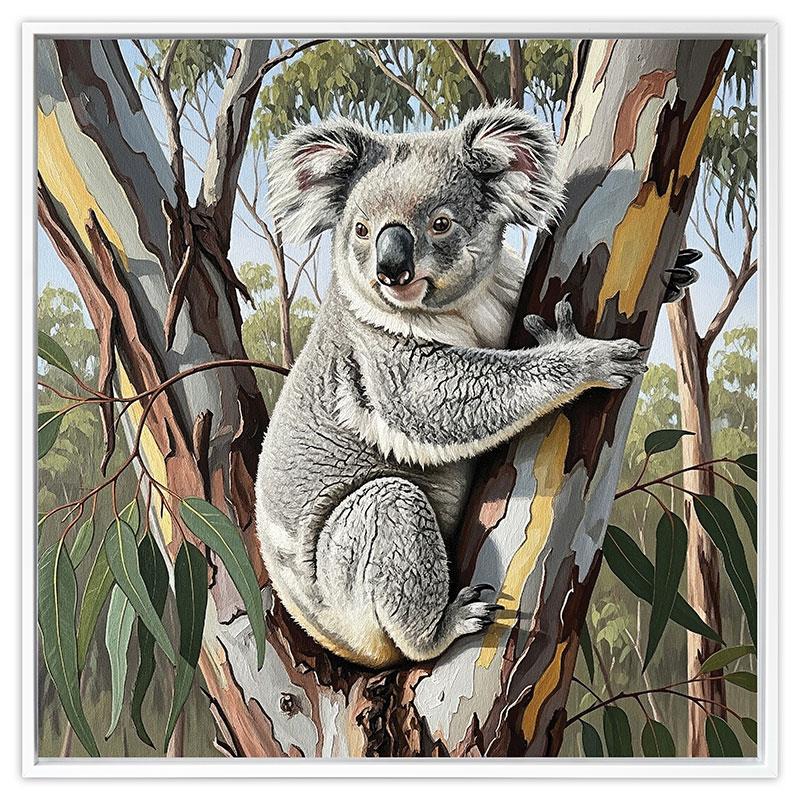 Large framed koala in tree artwork 80x80cm