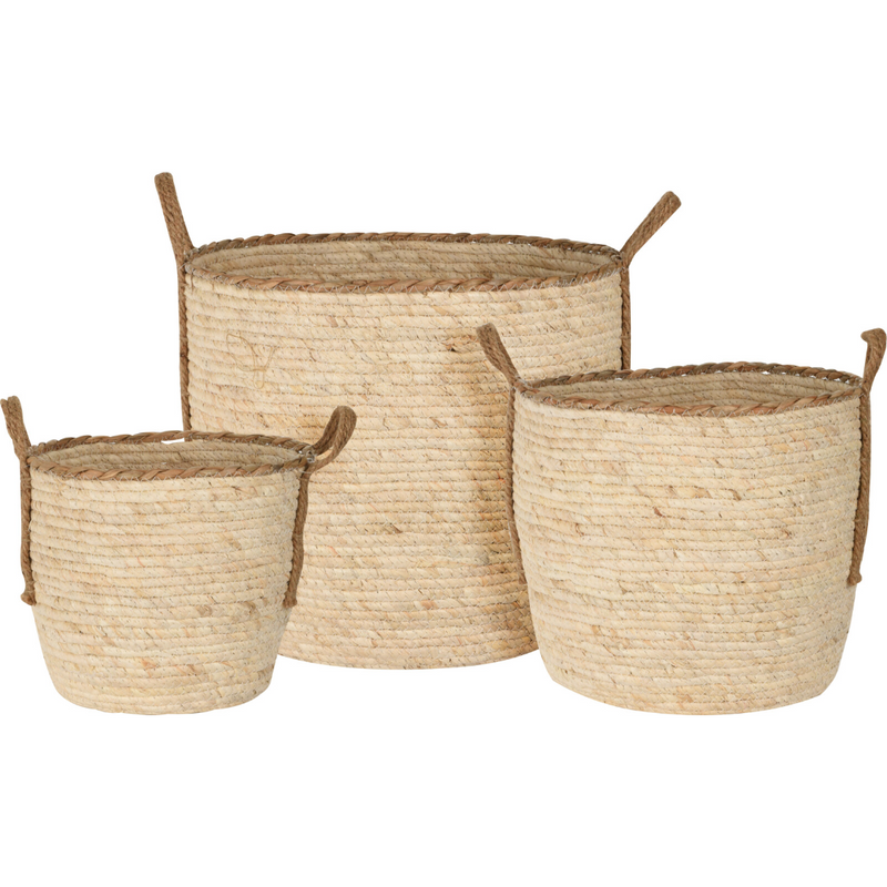 straw storage basket set in three assorted sizes