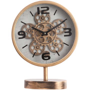 Gold tabletop clock with exposed gears and footed stem base, 41cm