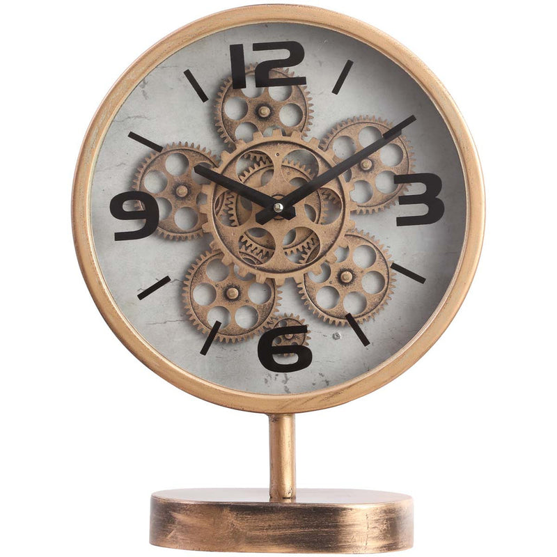 Gold tabletop clock with exposed gears and footed stem base, 41cm