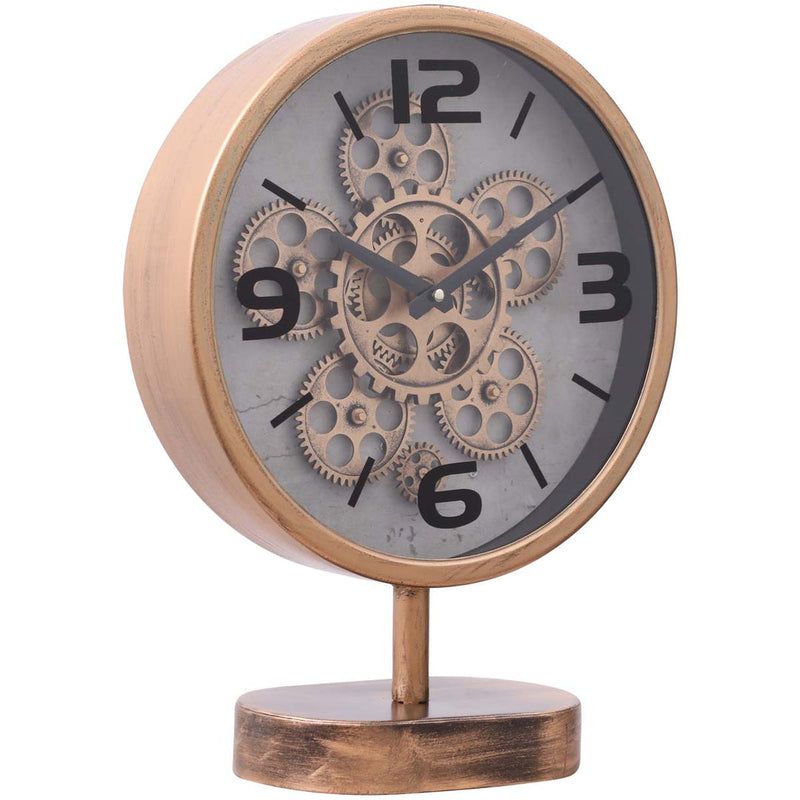 Gold tabletop clock with exposed gears and footed stem base, 41cm